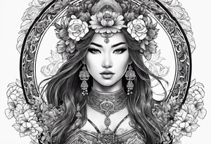 ornate beautiful woman warrior with weapon & floral arch background tattoo from head to torso tattoo idea