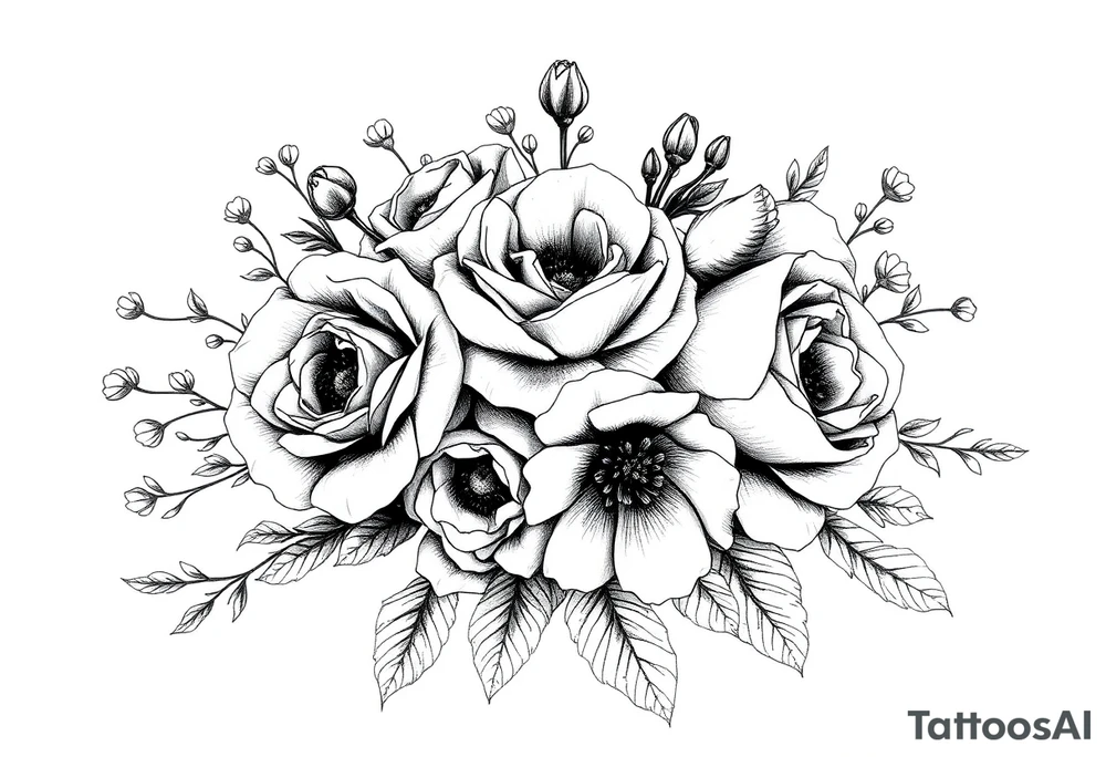 vintage bouquet of wild roses and meadow flowers with morning dew tattoo idea
