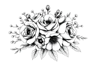 vintage bouquet of wild roses and meadow flowers with morning dew tattoo idea