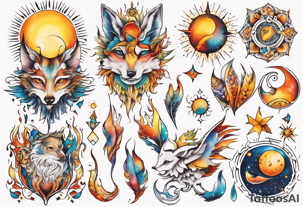 fisch, fuchs und eule , symetrie  sonne, universum, bunt, " sapere aude" tattoo idea