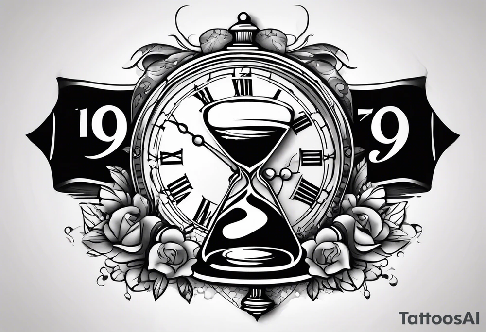 a tattoo mixing a clock integrated with an hourglass an hourglass in black and white where the year 1979 appears on the amount of the hourglass. for the shoulder and forearm tattoo idea