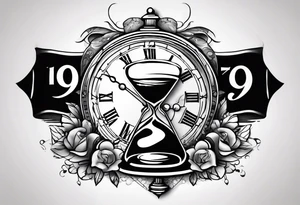 a tattoo mixing a clock integrated with an hourglass an hourglass in black and white where the year 1979 appears on the amount of the hourglass. for the shoulder and forearm tattoo idea