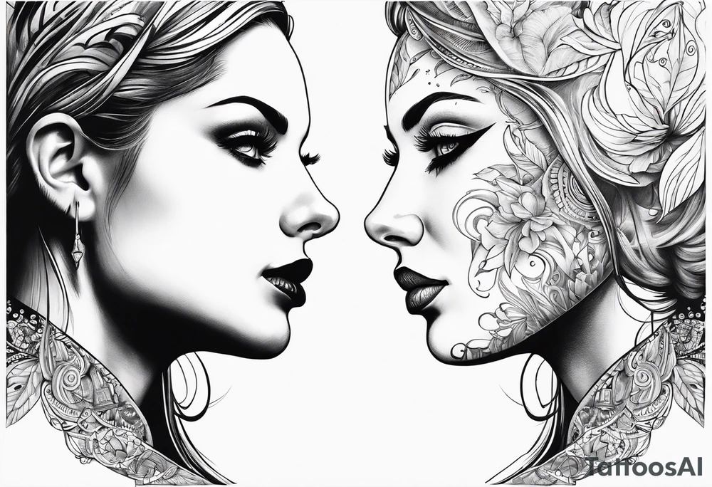 nice woman vs bad woman faces looking into each others eyes tattoo idea