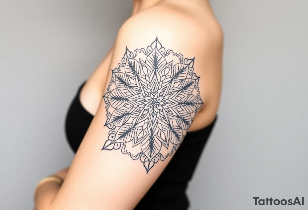 Geometric floral mandala with 5 Symbolic elements for each family member. Two base elements for my husband and I, intertwined floral patterns like mirrored vines or spiral paisleys representing our identical twins, and a Gemini zodiac sign for my son. Use feminine-yet-bold linework and Interconnected elements to reflect family unity tattoo idea