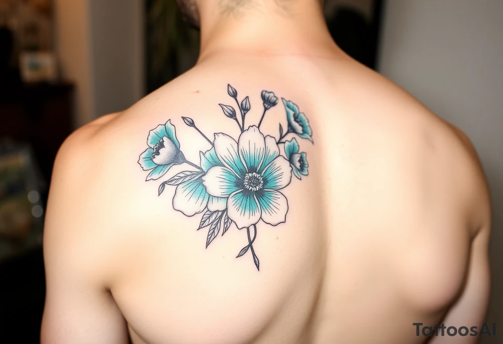 Turquoise colored mimosa flowers as a filler for an arm sleeve tattoo idea
