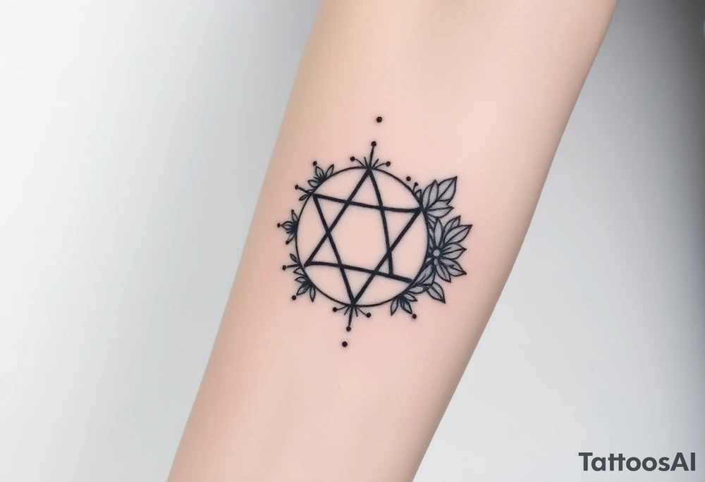 Enneagram symbol with large fine line florals that cover up the enneagram symbol tattoo idea