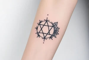 Enneagram symbol with large fine line florals that cover up the enneagram symbol tattoo idea