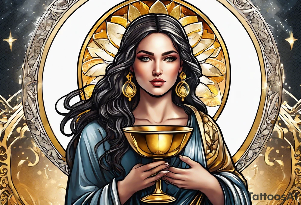 woman saint holding chalice surrounded by golden halo sideways tattoo idea