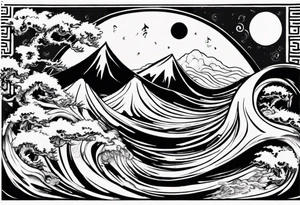 daytime yin swirl with sun and ocean waves imagery in style of Hokusai with night time yang swirl with moon and fir trees and mountains. edges should be blurred tattoo idea