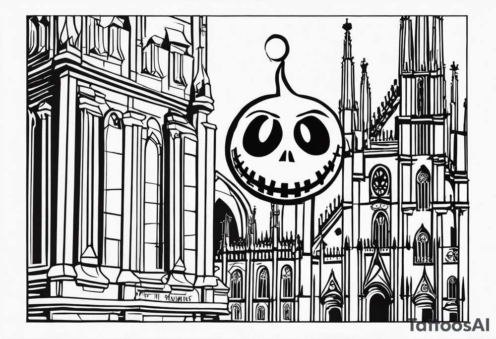 jack skellington leaning against milan cathedral and the date June 07, 2023 tattoo idea