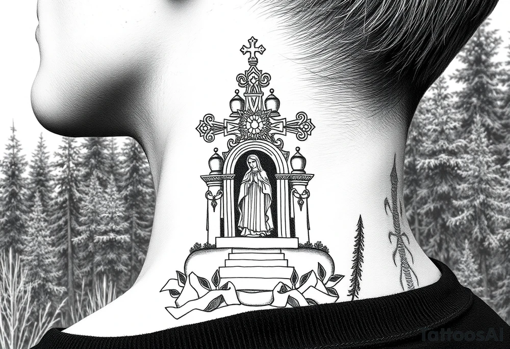 russian coat arms traditional christian orthodox cross with a virgin mary stood in the entrance of a russian orthodox dome church on the side of the neck in a wilderness setting tattoo idea