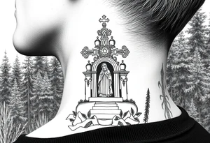 russian coat arms traditional christian orthodox cross with a virgin mary stood in the entrance of a russian orthodox dome church on the side of the neck in a wilderness setting tattoo idea