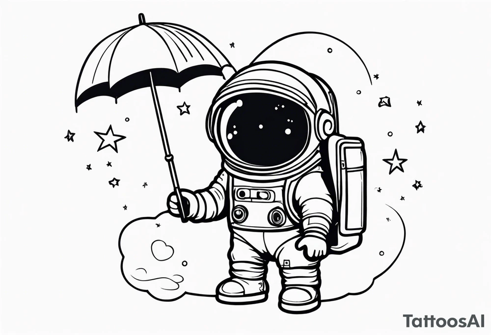 floating astronaut, with stars for eyes, holding an umbrella, with a blank speech bubble tattoo idea