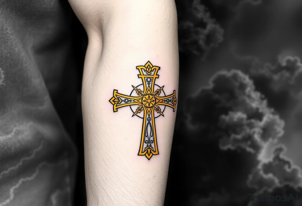A golden Templar cross with filigree patterns, glowing against a dark stormy background, symbolizing divine strength tattoo idea