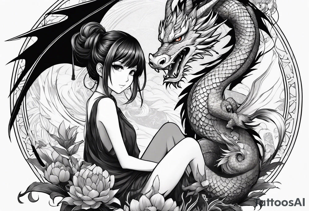 a full shot of an anime girl seen from far, sitting on a ball and surrounded by asian dragon with wings tattoo idea