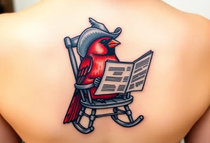 A cardinal wearing a cowboy hat, sitting in a rocking chair reading a newspaper tattoo idea