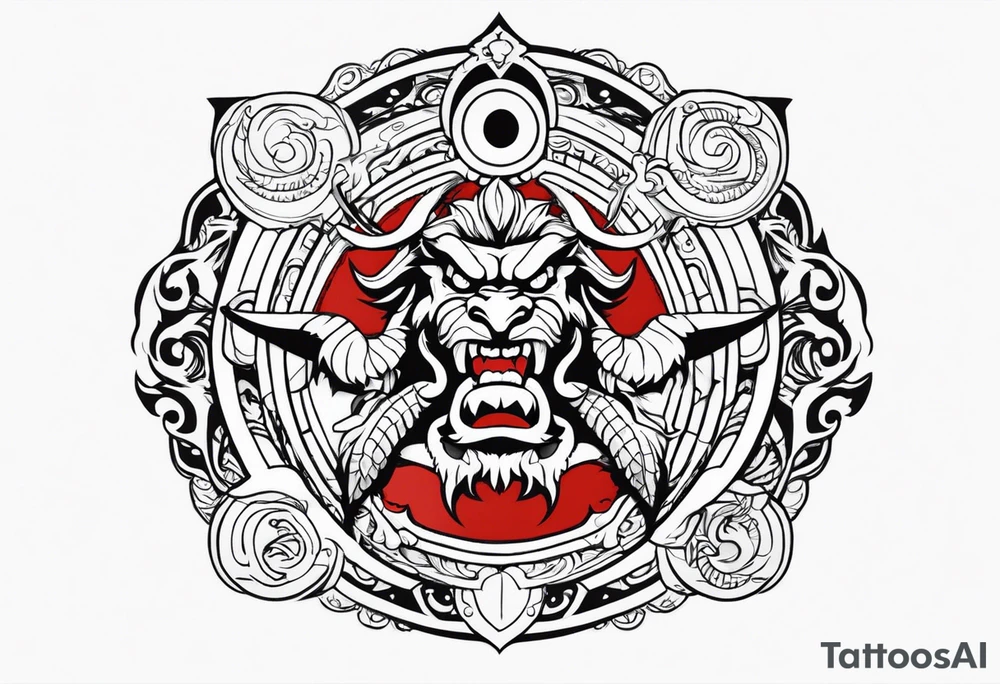 crea a Zeus con un rastreador de dragón ball el sombrero de luffy y el Sharingan todo en estilo tradicional americano tattoo idea