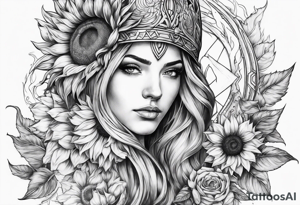 Sunflower viking sleeve tattoo idea