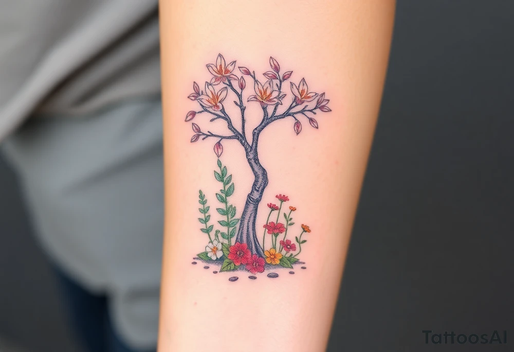Lilly of the vally plants underneath a blooming hawthorn tree with other colorful plants on ground tattoo idea