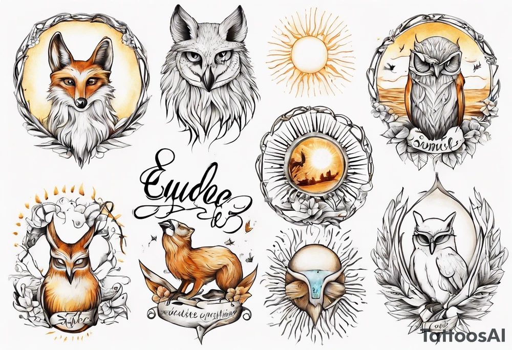 Fuchs und Eule unter der Sonne mit dem Schriftzug Sapere Aude tattoo idea