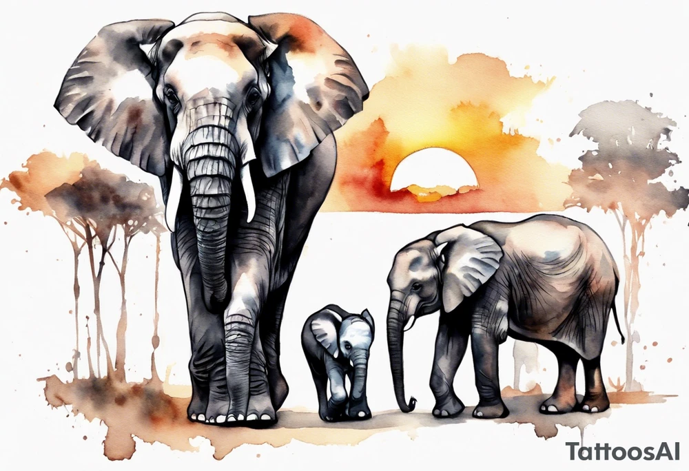 family of 6 elephants walking into sunset tattoo idea