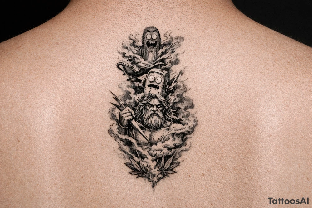 From a gene lamp out comes pickle rick then melts into a stick of morty butter then explodes into Zeus then withers away into weed smoke tattoo idea