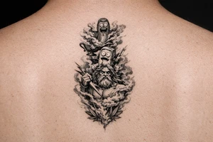 From a gene lamp out comes pickle rick then melts into a stick of morty butter then explodes into Zeus then withers away into weed smoke tattoo idea