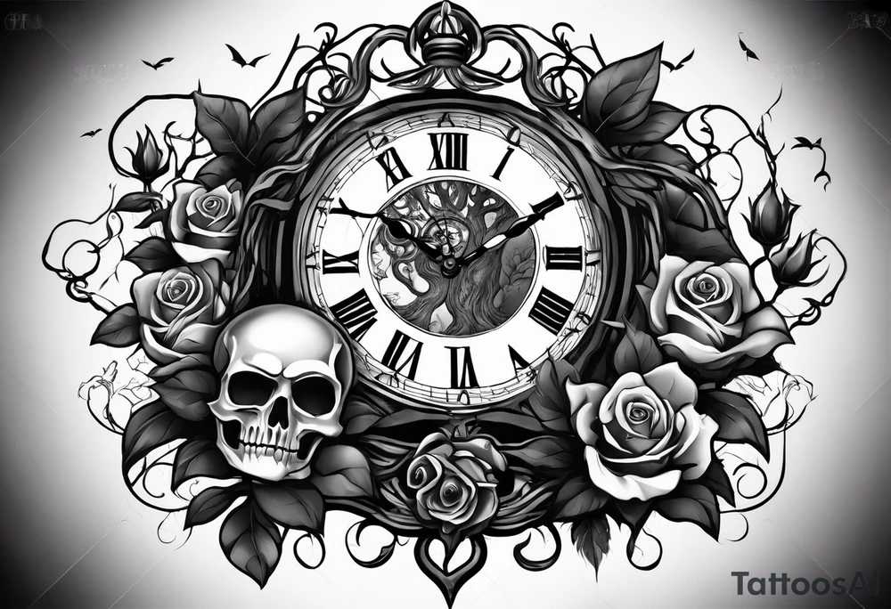 tattoo fool sleeve, tree roots break out of the chains, broken mask, clock with flying numbers, girl and skull, roses tattoo idea