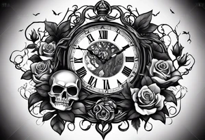 tattoo fool sleeve, tree roots break out of the chains, broken mask, clock with flying numbers, girl and skull, roses tattoo idea