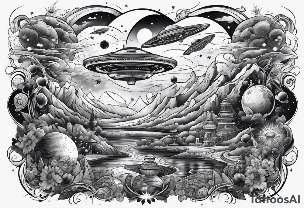 space themed arm sleeve with aliens ufos airplanes and rockets tattoo idea