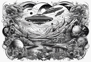 space themed arm sleeve with aliens ufos airplanes and rockets tattoo idea