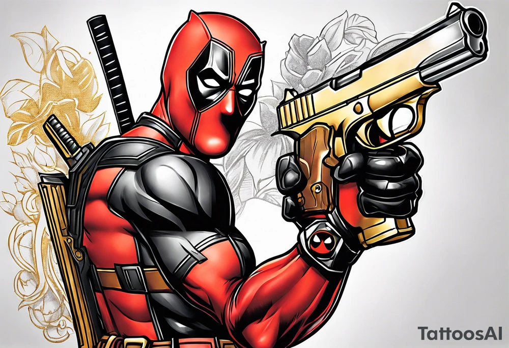 Deadpool realistic with Golden pistol tattoo idea