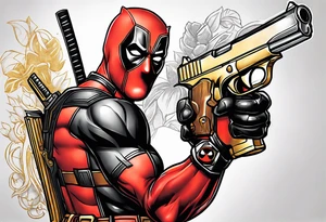 Deadpool realistic with Golden pistol tattoo idea