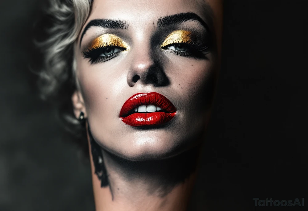 Realistic close-up of Marilyn Monroe face in grayscale with vivid red lips and golden eyeshadow. tattoo idea