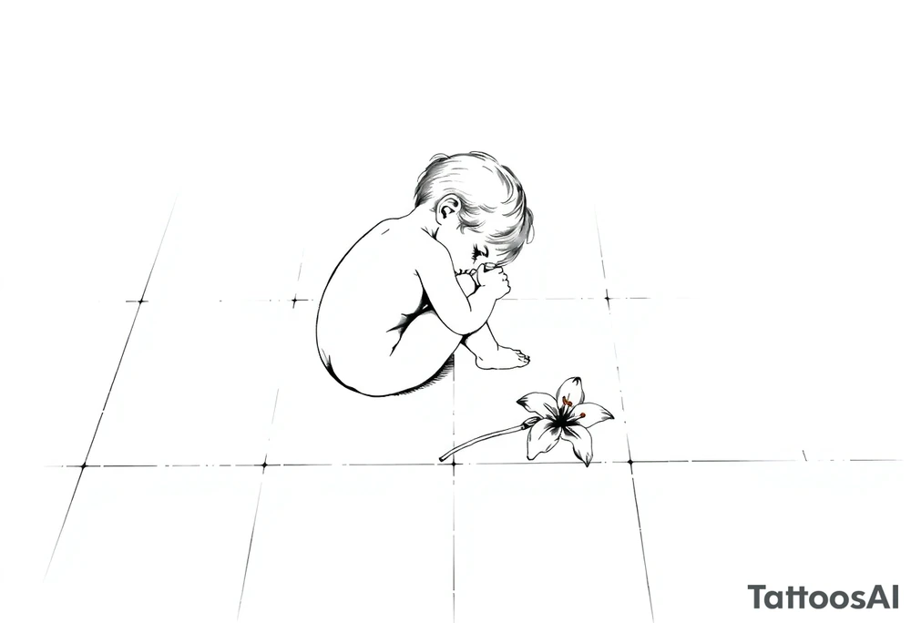 A simple tile floor with a minimalist outline of a curled up child sitting on the floor with a lily next to her tattoo idea