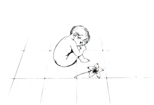 A simple tile floor with a minimalist outline of a curled up child sitting on the floor with a lily next to her tattoo idea