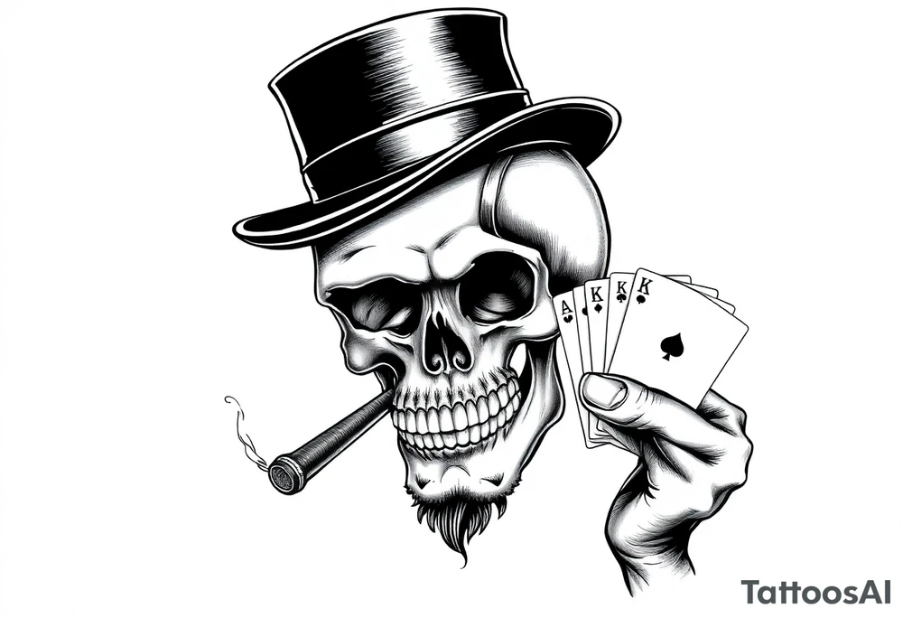 a skull with mustache,top-hat, cigar in his mouth and playing cards in a hand. tattoo idea