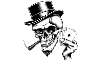 a skull with mustache,top-hat, cigar in his mouth and playing cards in a hand. tattoo idea