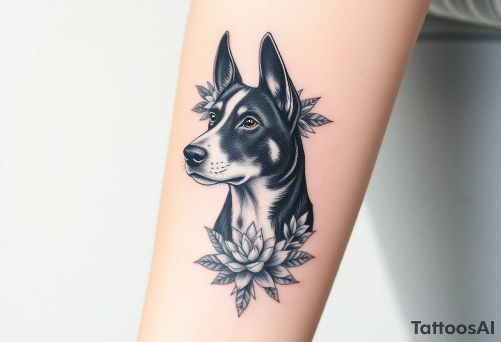 merle black austrailian cattle dog with succulents and flowers surrounding his head tattoo idea
