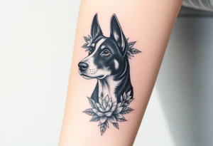 merle black austrailian cattle dog with succulents and flowers surrounding his head tattoo idea