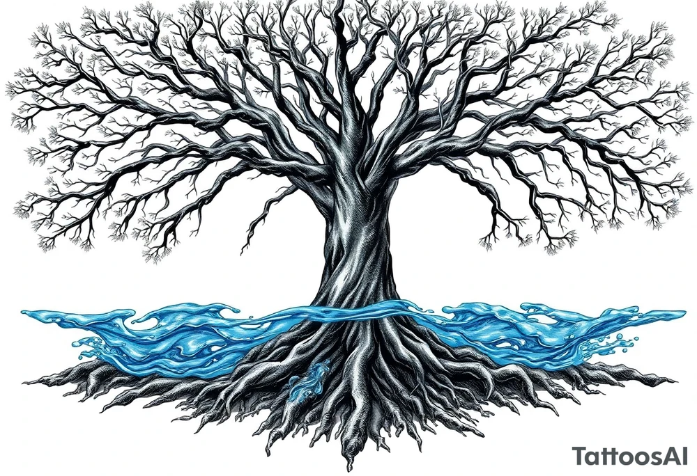 Black and white Tree with roots. Blue water inside the whole tree like many thin veins, flows from the brunches to the roots tattoo idea