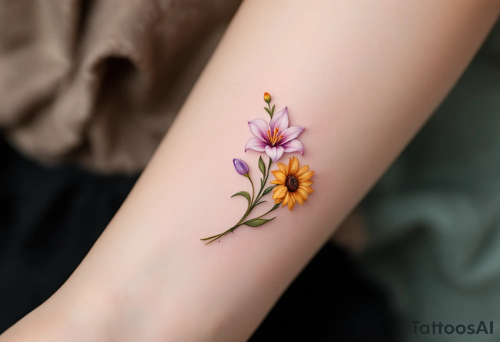 Small Stargazer lillies pale pink with no outline 
with small yellow sunflowers and pale purple tulip buds in a dainty wildflower bouquet with light green stems. Low detail. tattoo idea