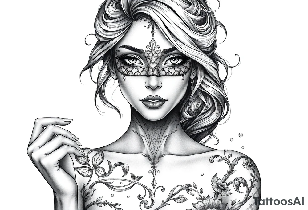 Fortuna as a beautiful woman with covered eyes by material. She holds a scale tattoo idea