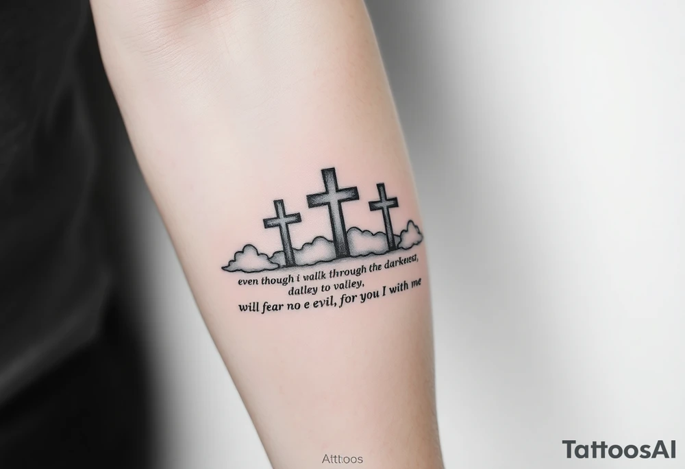 3 crosses, clouds, even though I walk through the darkest valley, I will fear no evil, for you are with me tattoo idea