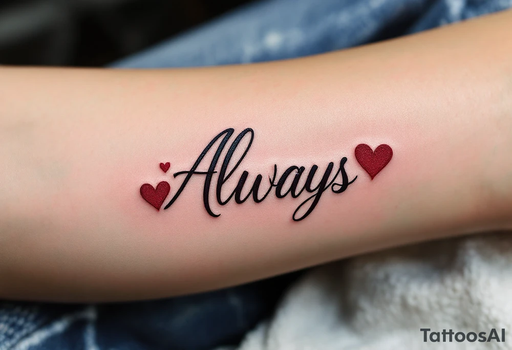 Elegant script “Forever” in burgundy for her and “Always” in navy for him inked over the heart show eternal devotion. tattoo idea