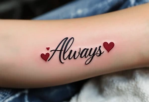 Elegant script “Forever” in burgundy for her and “Always” in navy for him inked over the heart show eternal devotion. tattoo idea