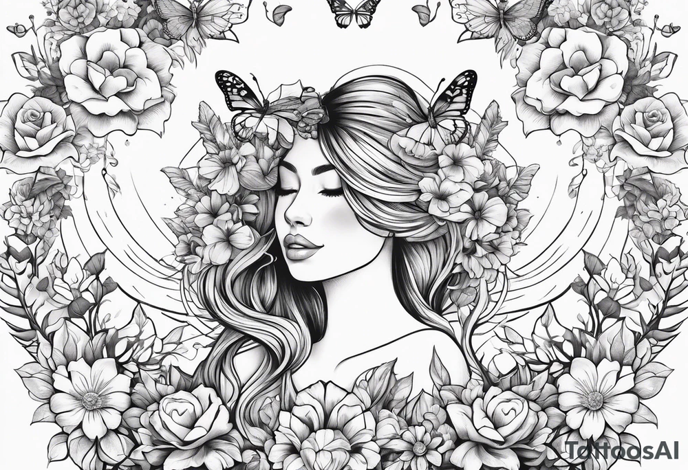 Out line of hands holding a heart with flowers sprouting from the top of the heart into her head and butterflies flying around the flowers tattoo idea
