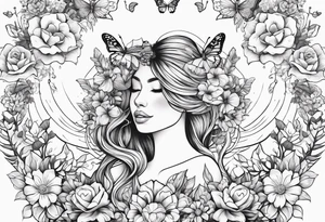Out line of hands holding a heart with flowers sprouting from the top of the heart into her head and butterflies flying around the flowers tattoo idea