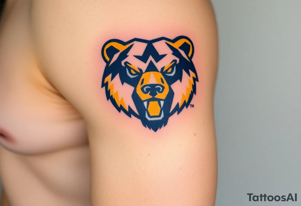 University of Northern Colorado bear mascot  head with Navy blue and yellow with UNC gothic lettering Above head tattoo idea