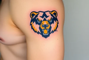 University of Northern Colorado bear mascot  head with Navy blue and yellow with UNC gothic lettering Above head tattoo idea